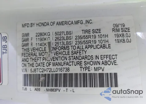 2020 Acura Rdx Advance Package from USA, damaged, VIN 5J8TC2H72LL016738